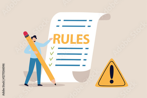 Rules and regulations, policy and guideline for employee to follow, legal term, corporate compliance or laws, standard procedure concept, businessman finish writing rules and regulations document.