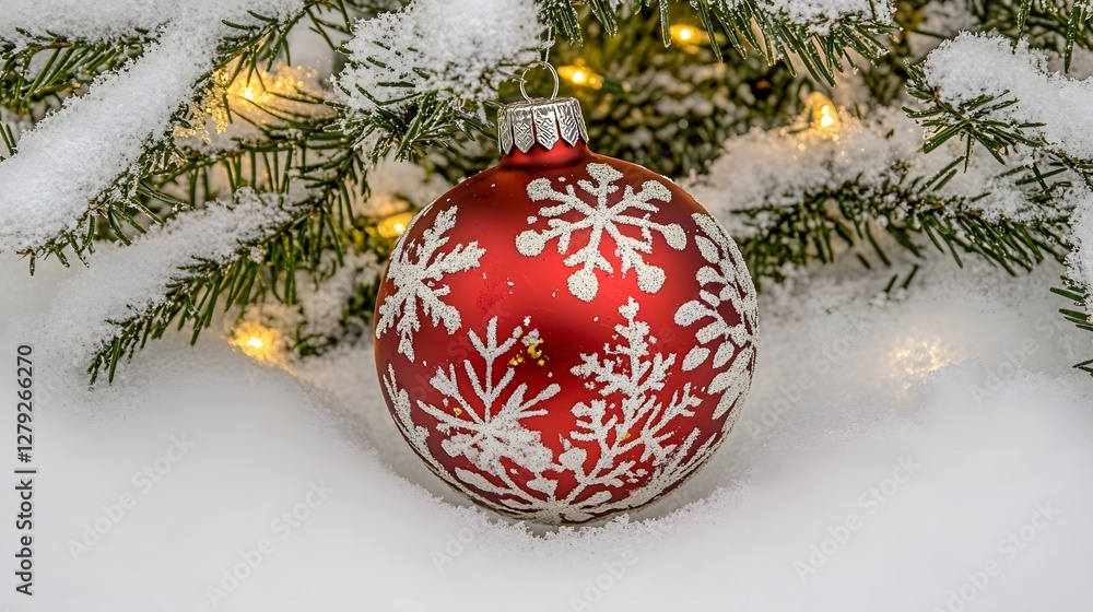 Red Snowflake Ornament on Snowy Pine Branches with Festive Lighting and Holiday Decoration