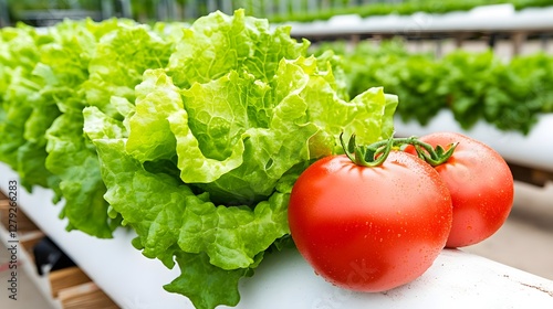 Wallpaper Mural Fresh Lettuce and Ripe Tomatoes in Hydroponic Farm Setup with Natural Light and Greenery Torontodigital.ca