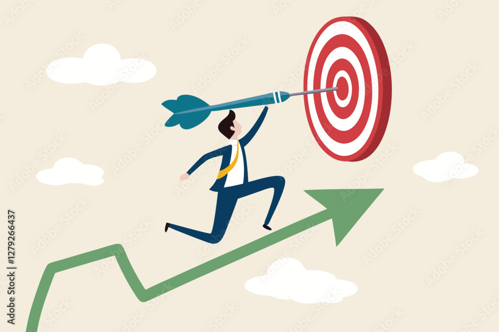 Business target achievement or success and reaching for target and goal concept, businessman leader holding dart running from rising graph arrow and jump to bullseye target to win in business strategy Business target achievement or success and reaching for target and goal concept, businessman leader holding dart running from rising graph arrow and jump to bullseye target to win in business strategy