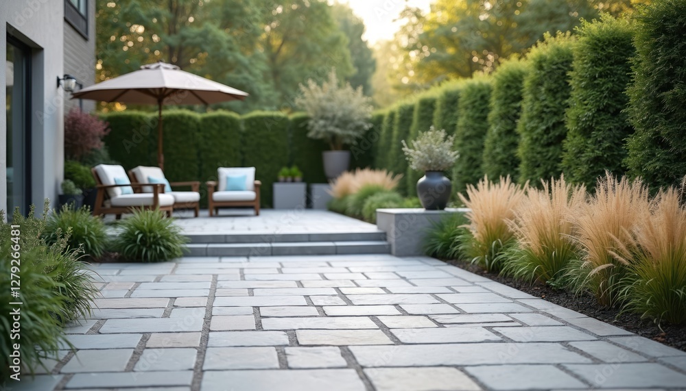 Fototapeta premium Paver patio with stone tiles, wood chairs, umbrella in garden. Modern house backyard features green hedge fence, stone path, grass and flowers. Landscaped zen garden with outdoor furniture.