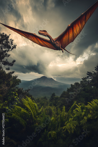 Graceful Soaring of a Pterodactyl in a Prehistoric Landscape with Volcanic Skies and Verdant Flora