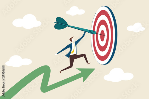 Business target achievement or success and reaching for target and goal concept, businessman leader holding dart running from rising graph arrow and jump to bullseye target to win in business strategy