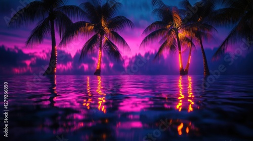 Illuminated Palm Trees Reflecting In Tranquil Waters At Sunset