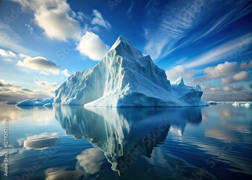 Minimalist White Iceberg Floating, Water Reflection, 3D Render, Copy Space