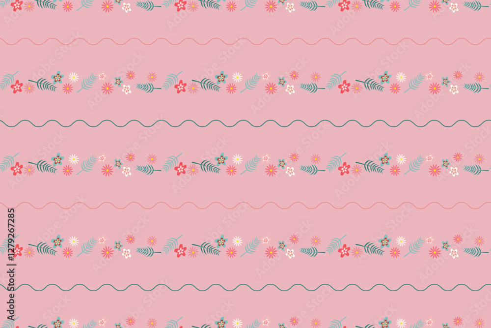 Design showcases colorful repeating pattern of flowers and leafy elements arranged in elegant wavy lines Vibrant blooms create cheerful and inviting atmosphere Seamless vector pattern Pink background Design showcases colorful repeating pattern of flowers and leafy elements arranged in elegant wavy lines Vibrant blooms create cheerful and inviting atmosphere Seamless vector pattern Pink background