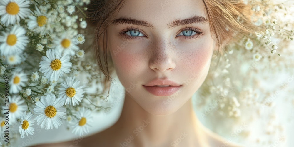 Young woman with clear blue eyes surrounded by daisies in a soft and natural setting during daylight hours Young woman with clear blue eyes surrounded by daisies in a soft and natural setting during daylight hours