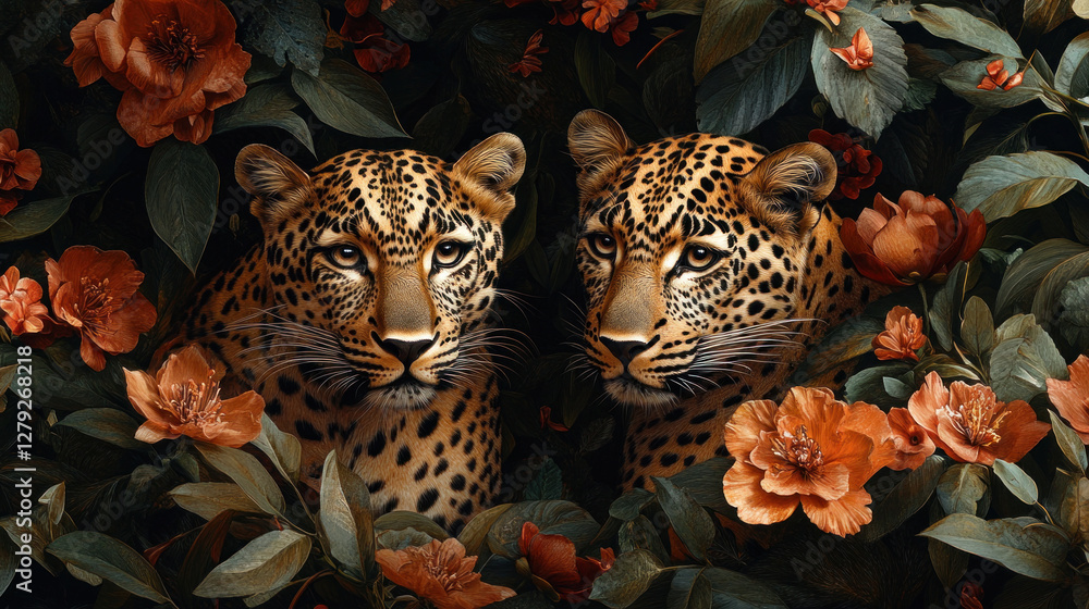 Obraz premium Jungle animal wallpaper featuring playful leopards lounging amidst vibrant tropical flowers