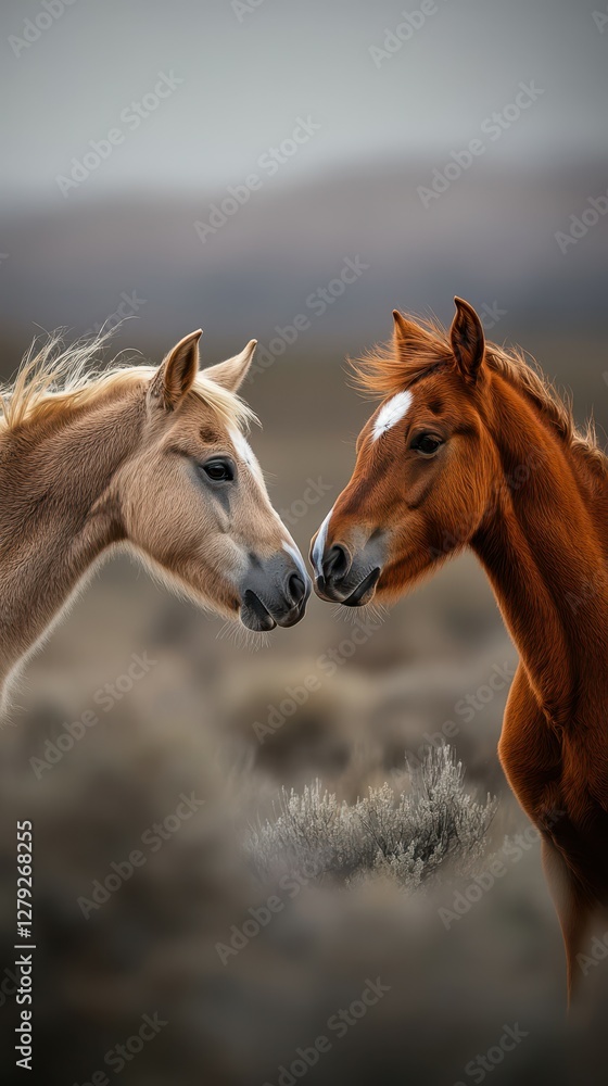 Fototapeta premium Two horses gently touching noses in a serene landscape at dusk