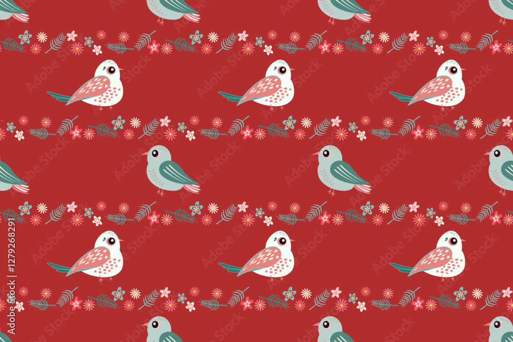 Obraz premium Multiple pink green small birds flowers featuring various are scattered across red isolated background Seamless vector pattern perfect for craft projects children's designs Wrapping paper