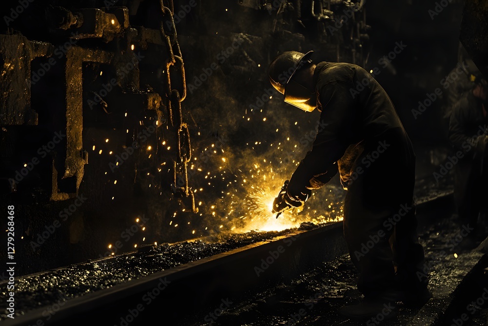 Welder in Protective Gear Works on Metal with Sparks Flying in Dark Industrial Setting Welder in Protective Gear Works on Metal with Sparks Flying in Dark Industrial Setting