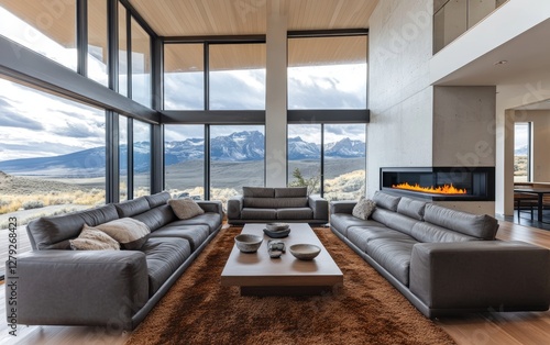 Modern Living Room With Panoramic Mountain Views and Large Windows Showcasing Natural Light During a Bright Day