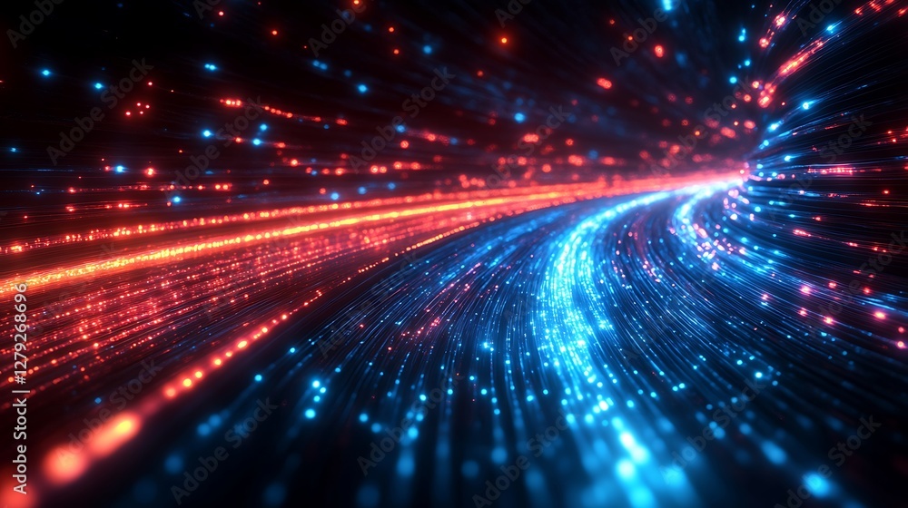 Obraz premium Illuminated fiber optic cable with light trails streaking through the darkness illustrating speed in communication
