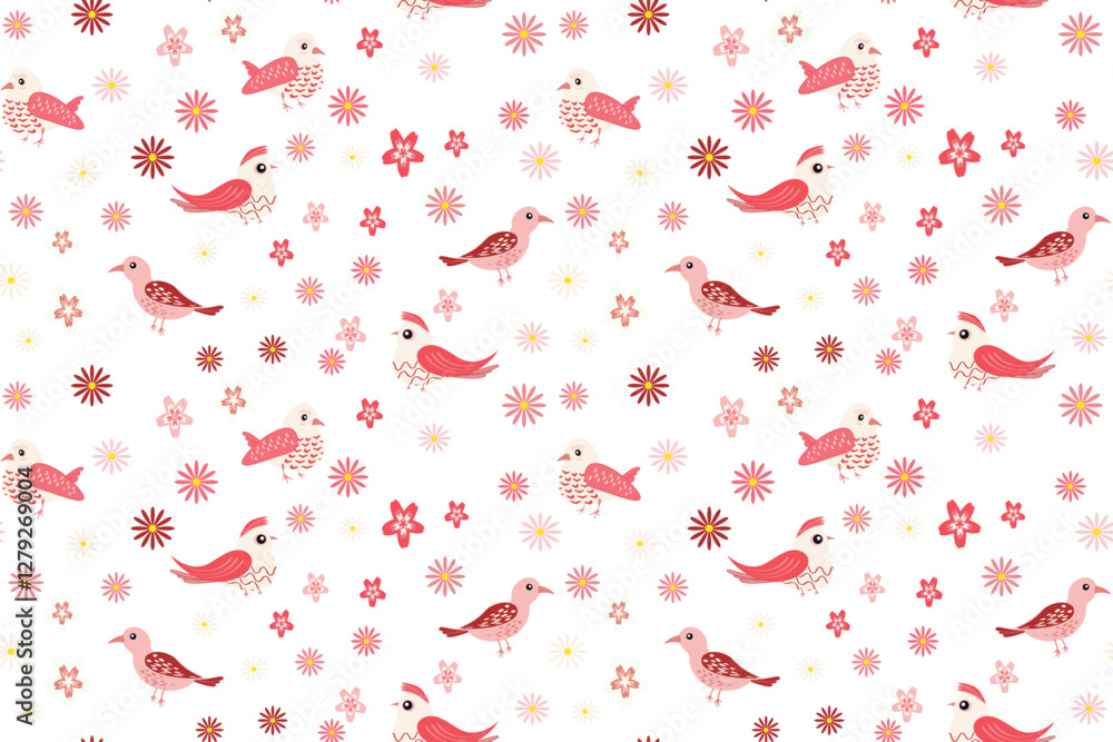 Multiple pink birds flowers featuring various are scattered across isolated background Seamless vector pattern Craft projects children's designs Wrapping paper Summer spring design mood Multiple pink birds flowers featuring various are scattered across isolated background Seamless vector pattern Craft projects children's designs Wrapping paper Summer spring design mood