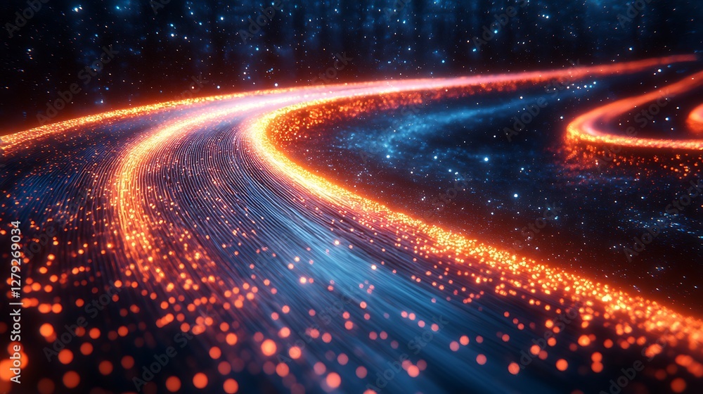 Abstract design showing fiber optic cable with glowing light trails representing rapid data transmission Abstract design showing fiber optic cable with glowing light trails representing rapid data transmission