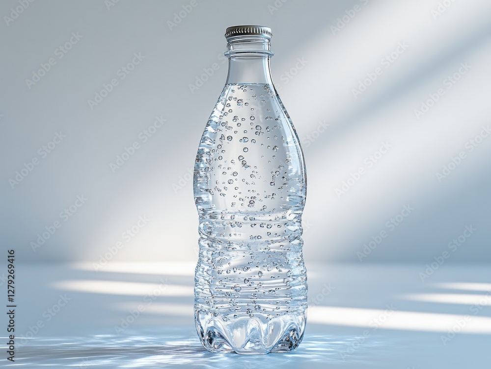 Refreshing Stillness: A Clear Bottle of Water with Effervescent Bubbles Bathed in Soft Light, Reflecting Purity and Hydration in a Modern Minimalist Setting. Refreshing Stillness: A Clear Bottle of Water with Effervescent Bubbles Bathed in Soft Light, Reflecting Purity and Hydration in a Modern Minimalist Setting.