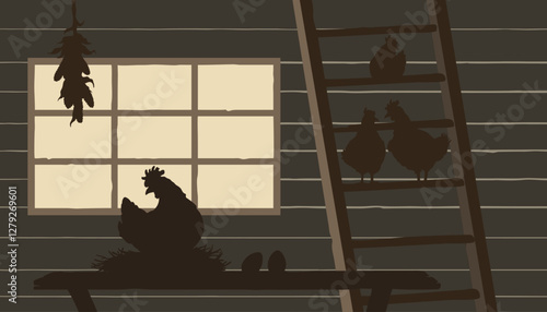 Coop scene. Henhouse drawing with chicken silhouettes. Black shape of hen on nest. Drawing of farm birds. Rustic life art