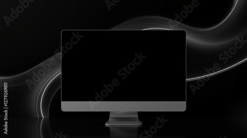 Abstract black and white digital art displayed on a computer screen in a modern setting, computer screen, black and white, contemporary