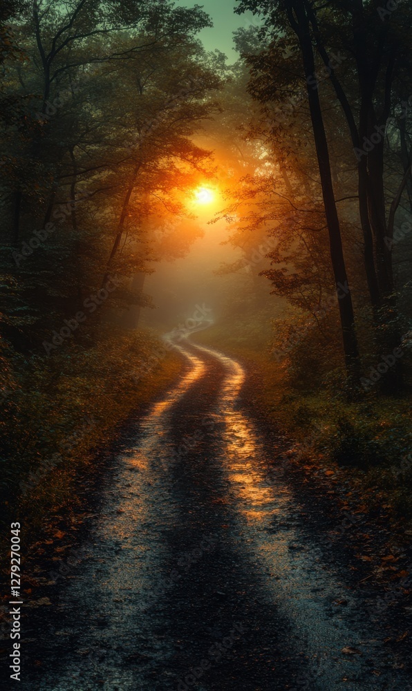 Twilight path winding through a forest with golden sunset glow Twilight path winding through a forest with golden sunset glow