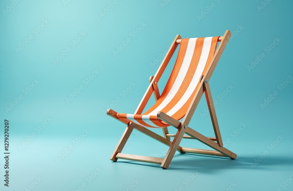 Orange striped beach chair on blue background for summer getaways. Wooden deck chair, lounge for relaxation, vacation. Striped seat for rest, tanning, sunbathing. Sea, ocean coast furniture. Summer Orange striped beach chair on blue background for summer getaways. Wooden deck chair, lounge for relaxation, vacation. Striped seat for rest, tanning, sunbathing. Sea, ocean coast furniture. Summer