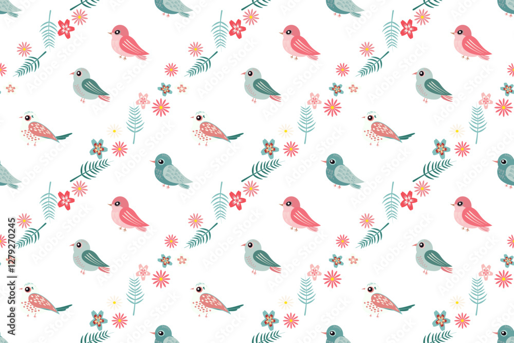 Fototapeta premium The artwork showcases a repeating pattern of diverse birds in playful colors surrounded by delicate flowers and foliage, ideal for brightening any space or textile. Isolated background
