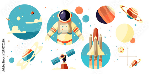 A series of images of space and a man in a spacesuit. The images include a man in a spacesuit, a rocket, a planet, and a satellite. The mood of the images is one of exploration and adventure