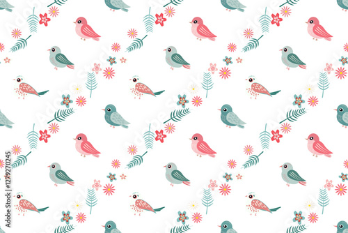 The artwork showcases a repeating pattern of diverse birds in playful colors surrounded by delicate flowers and foliage, ideal for brightening any space or textile. Isolated background