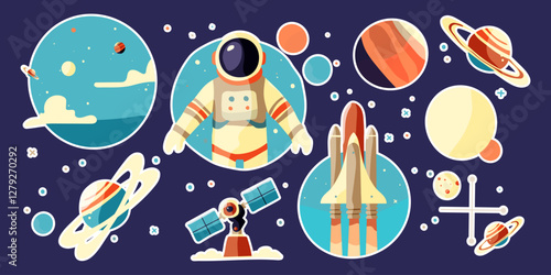 A collection of space-themed stickers featuring a man in a spacesuit, a rocket, and various planets