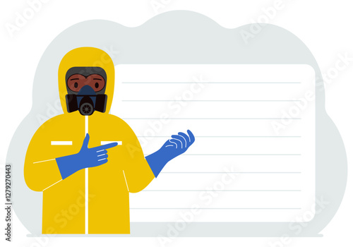 A man in a yellow radiation protective suit and a helmet with a respirator, chemical or biological safety uniform. Vector flat illustration.