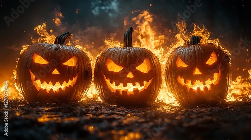 Evil jack-o-lanterns glowing with fire HD images