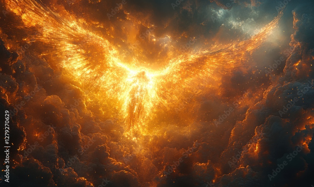 Majestic phoenix rising from fiery clouds during a dramatic sunset Majestic phoenix rising from fiery clouds during a dramatic sunset