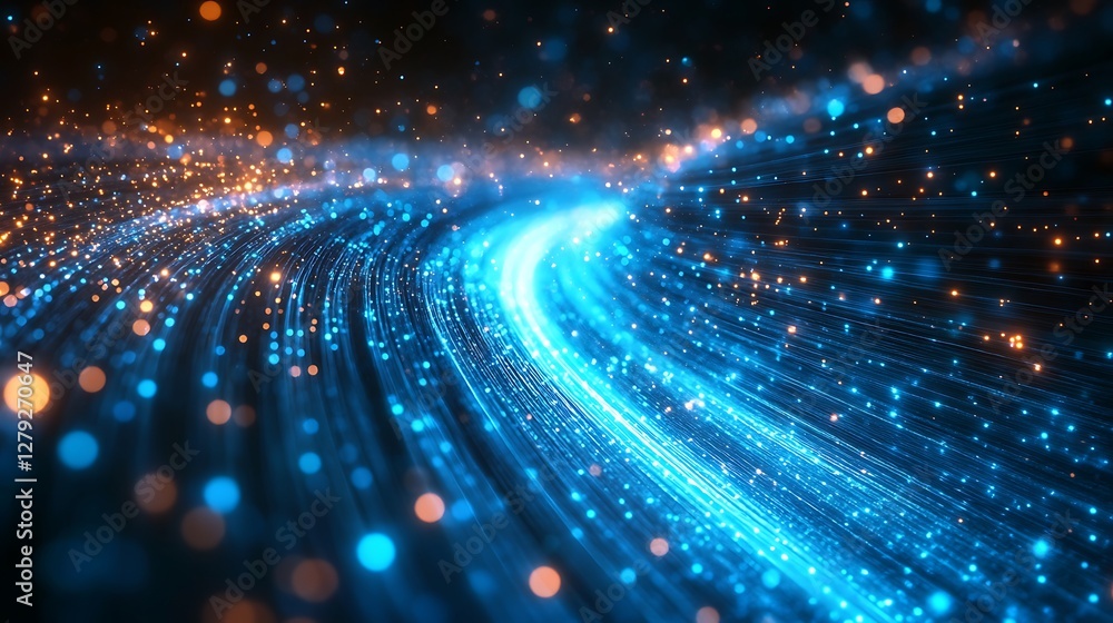 Obraz premium Glowing blue and green fiber optic cables with light trails illustrating high-speed data transfer