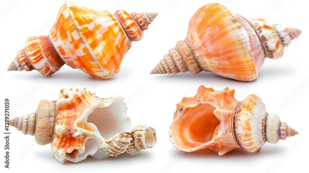 Four Orange and Beige Spiral Seashells in Natural Light Isolated on White Background Four Orange and Beige Spiral Seashells in Natural Light Isolated on White Background