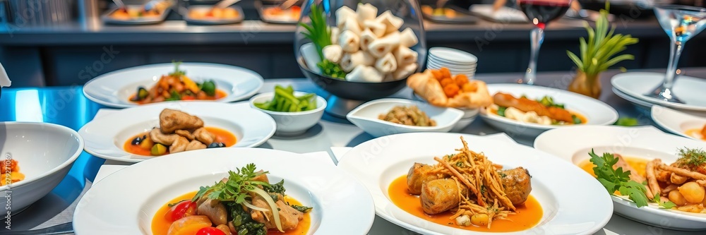 A close-up shot of a gourmet platter featuring a variety of colorful dishes from Shan He Hotel's menu, gastronomy, buffet, luxury A close-up shot of a gourmet platter featuring a variety of colorful dishes from Shan He Hotel's menu, gastronomy, buffet, luxury