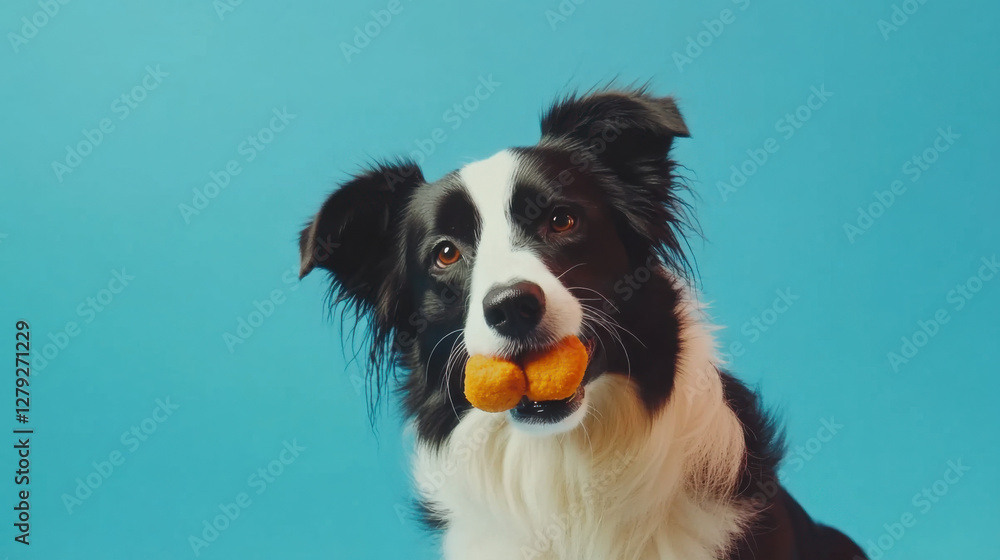 A charming black and white Border Collie holds a bright orange toy in its mouth against a vibrant blue backdrop, radiating joy. A charming black and white Border Collie holds a bright orange toy in its mouth against a vibrant blue backdrop, radiating joy.
