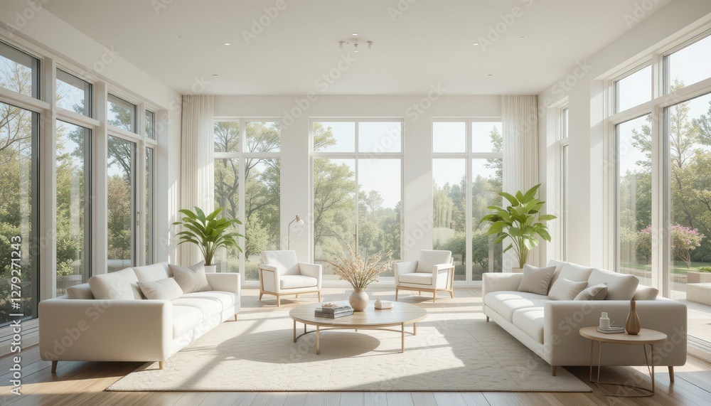 Fototapeta premium Bright and Airy Living Room with Large Windows and Modern Decor