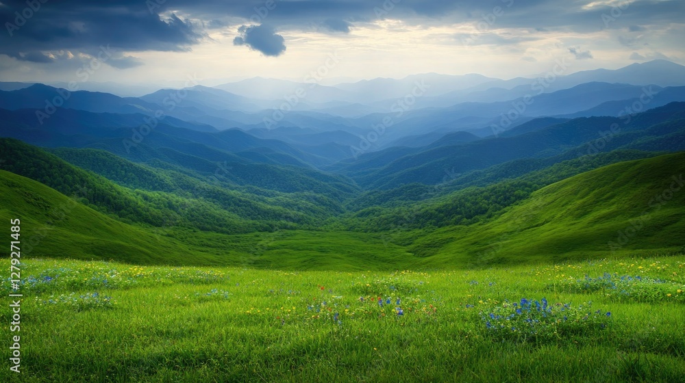 Fototapeta premium Lush green valleys stretch beneath moody sky, creating serene la