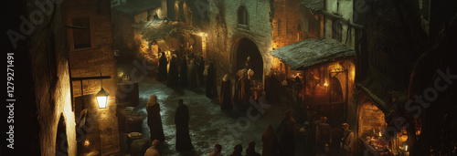 photo of a busy inn in bibilical Bethlehem with as Mary and Joseph search for a place to stay