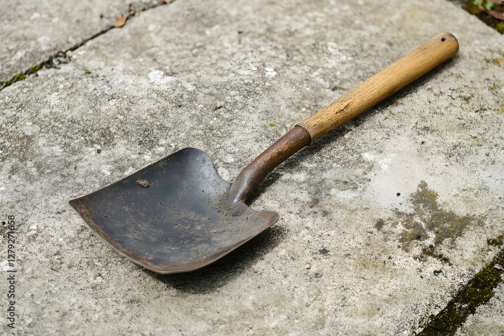 Well Used Black Metal Shovel With Wooden Handle Resting on Concrete Well Used Black Metal Shovel With Wooden Handle Resting on Concrete