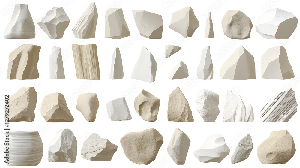 Collection of Various White and Beige Rock Shapes Textures and Pattern on a Plain Background Collection of Various White and Beige Rock Shapes Textures and Pattern on a Plain Background