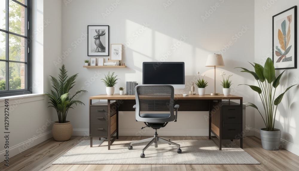 Modern Home Office Setup with Minimalist Design and Natural Light Modern Home Office Setup with Minimalist Design and Natural Light