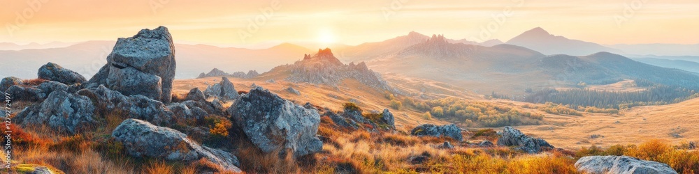 Obraz premium Golden hour light bathes a rocky mountain landscape in warm hues. Serene autumn scenery.