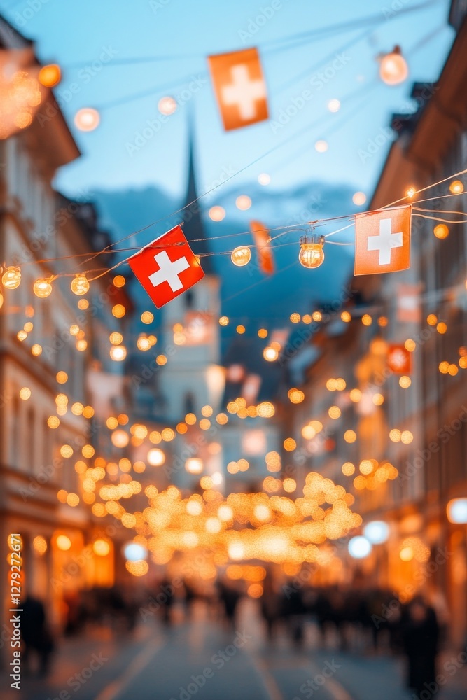 Fototapeta premium Festive lights and Swiss flags adorn a charming European street at dusk, creating a magical atmosphere.