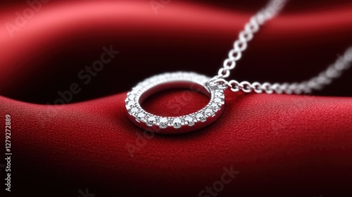 Delicate diamond necklace on red silk photo