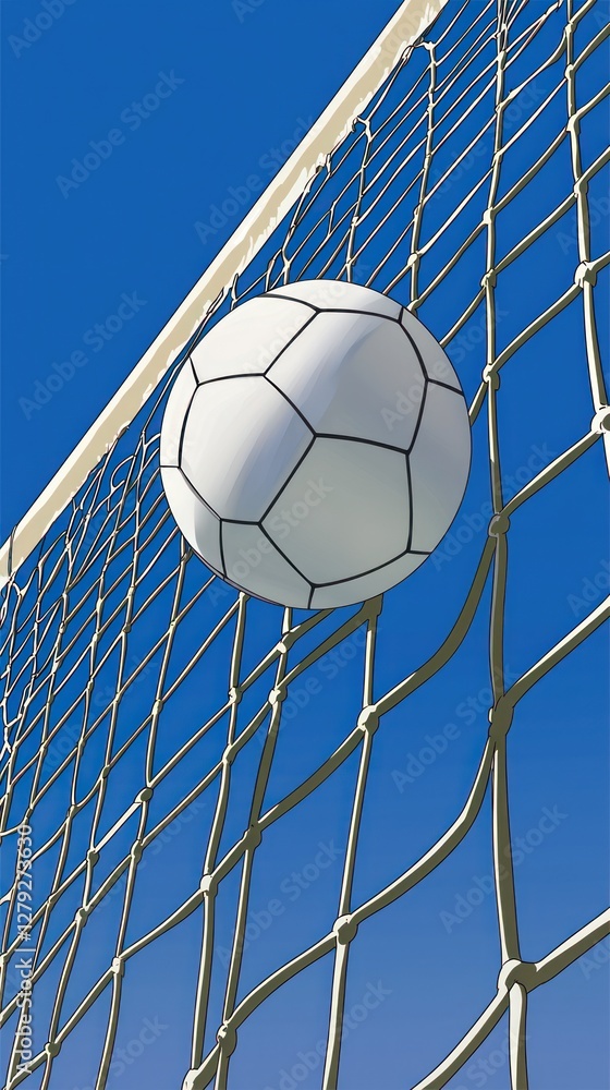 Naklejka premium Soccer ball through net, sunny day, sports action, game moment, background sky