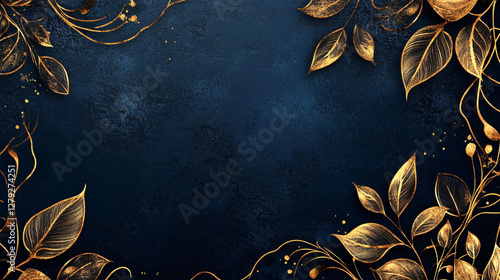 Golden Leaves and Vines Adorn the Dark Blue Textured Background