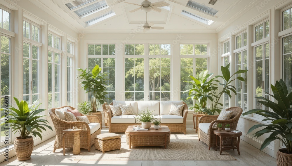 Serene Sunroom with Rattan Furniture and Abundant Greenery Serene Sunroom with Rattan Furniture and Abundant Greenery