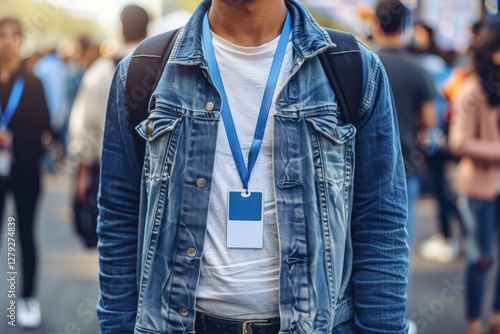 Close-up of an event attendee wearing a blue lanyard with a blank ID badge, standing in a crowded outdoor setting, professional networking, identification, corporate, and social gathering concept.