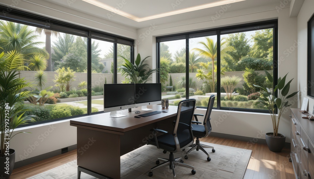 Modern Office Interior with Large Windows and Scenic Garden View Modern Office Interior with Large Windows and Scenic Garden View