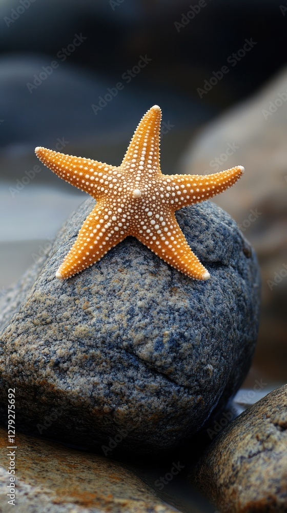 Orange starfish on a dark grey rock. Orange starfish on a dark grey rock.
